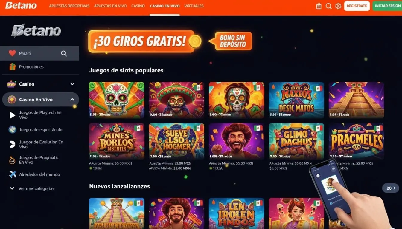 Vista de interfaz de casino con oferta de “30 giros gratis” usando bonificación sin depósito y estética mexicana